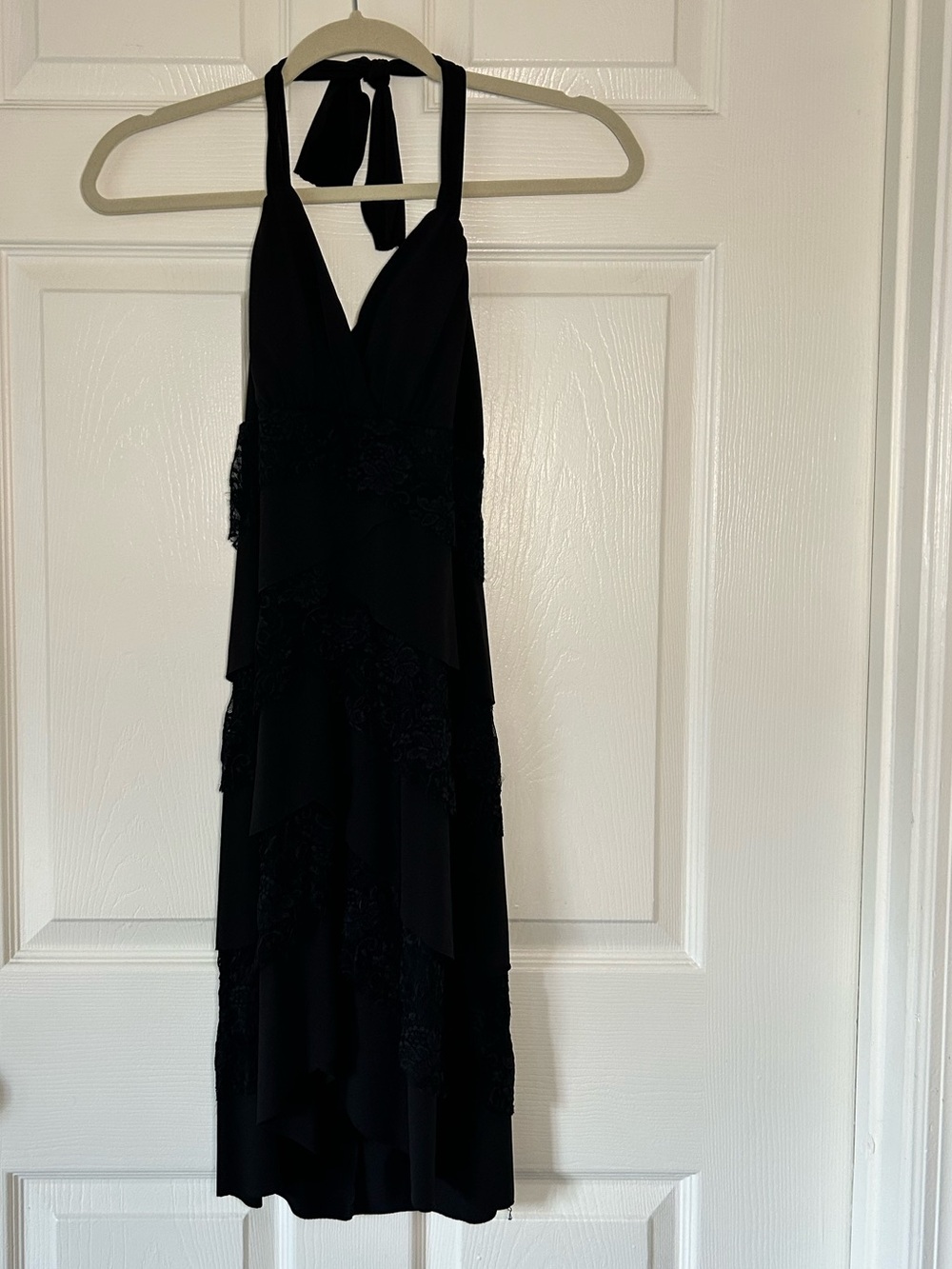 La Belle Black Halter Midi Dress Lace Trim Layered Evening - Size Medium